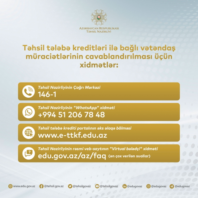 Təhsil Nazirliyi təhsil tələbə krediti ilə bağlı sualları cavablandırmaq üçün xidmətlər təqdim edir